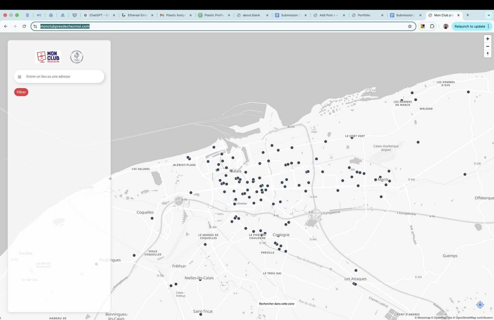 Mon Club map showing many sports club locations around Calais.